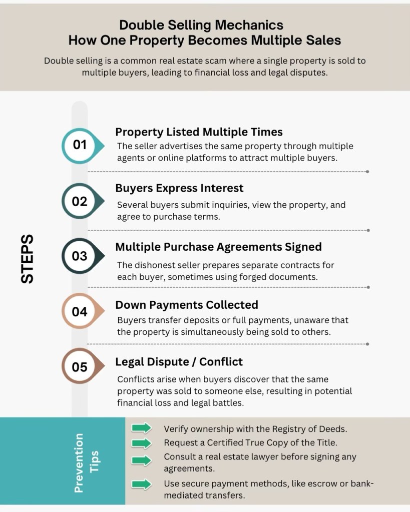 Infographic illustrating the mechanics of double selling in real estate, detailing the steps from property listing to legal disputes, including tips for prevention.