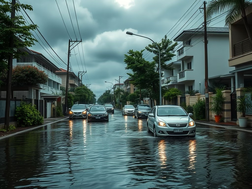 A flooded street in a residential area with several cars navigating through deep water under a cloudy sky.
