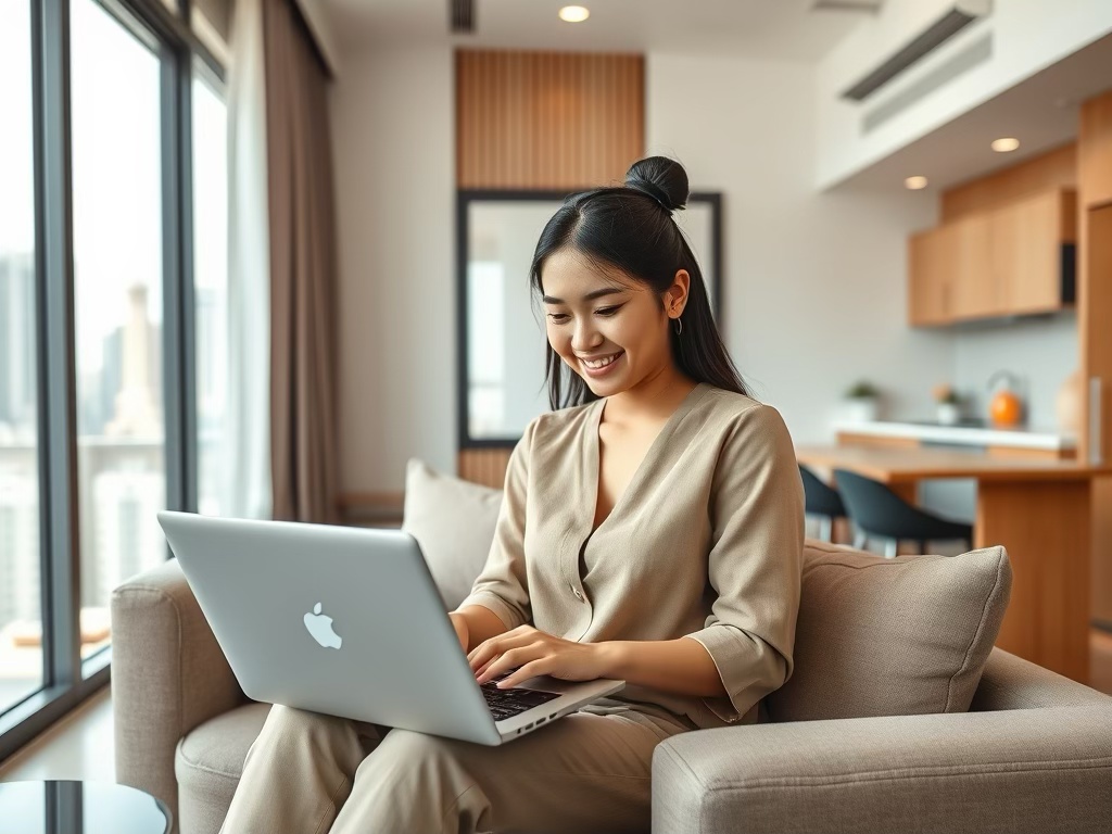 A woman sitting on a sofa in a modern studio apartment, working on a laptop with a smile, showcasing contemporary interior design and large windows.
