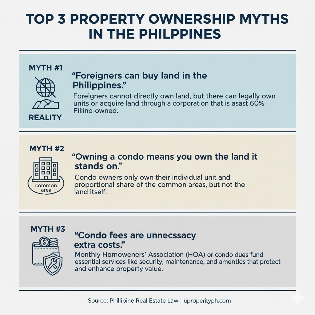 Infographic detailing the top three misconceptions about property ownership in the Philippines, including myths about foreign ownership of land, condominium ownership, and the necessity of HOA fees.