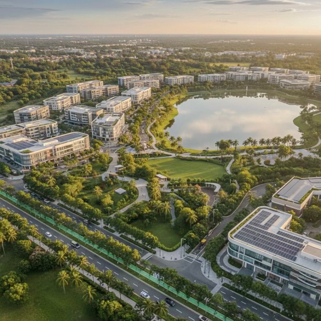 Aerial view of a modern residential complex surrounding a circular lake, with landscaped gardens and pathways, palm trees, and a nearby road.