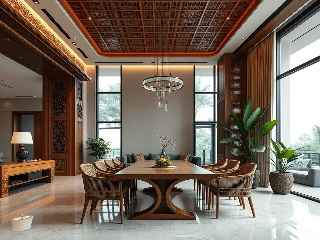 A luxurious dining area featuring a sleek wooden table surrounded by elegant chairs, large windows allowing natural light, and tasteful decorations including greenery and modern lighting fixtures.
