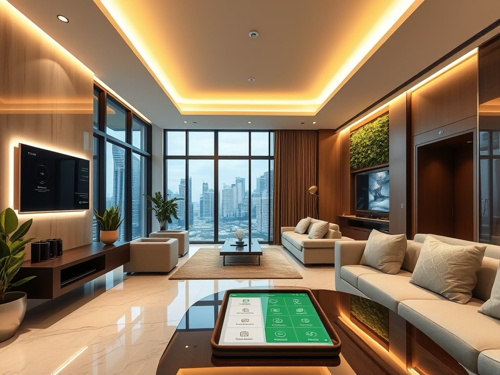 A modern luxury living room with large windows showcasing a city skyline, featuring stylish furniture, ambient lighting, and smart home technology.