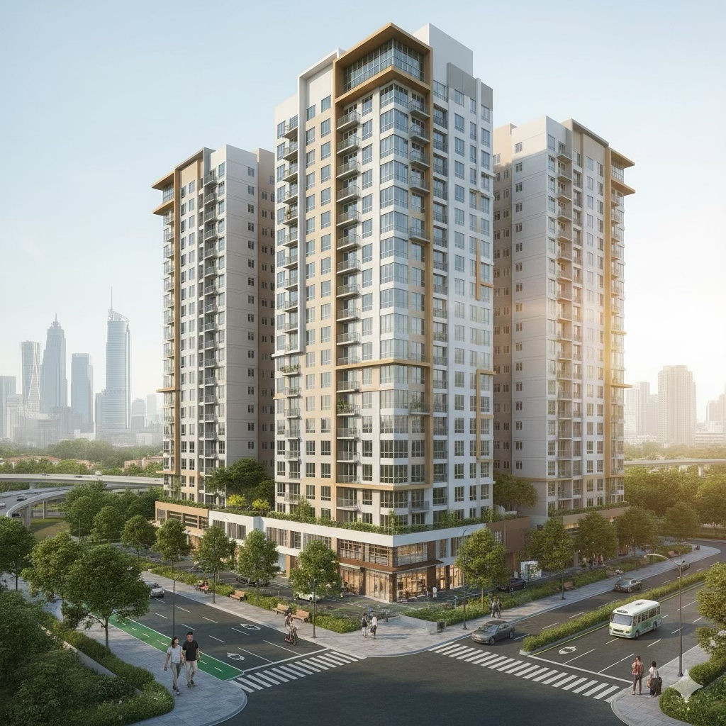 A modern condominium building with multiple floors, surrounded by greenery and a road, set in an urban environment with a city skyline in the background.