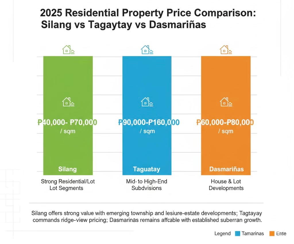 A bar graph comparing residential property prices per square meter in Silang, Tagaytay, and Dasmariñas for 2025, showcasing different price ranges for each area.