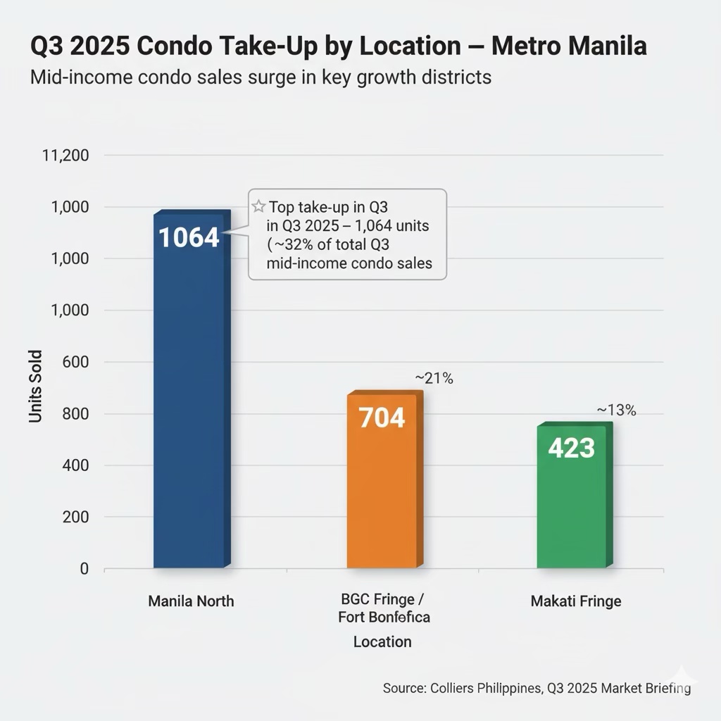 Bar graph showing mid-income condominium sales in Metro Manila for Q3 2025. 'Manila North' with 1,064 units sold is the highest, followed by 'BG Fringe/Fort Bonifacio' with 704 units, and 'Makati Fringe' with 423 units.