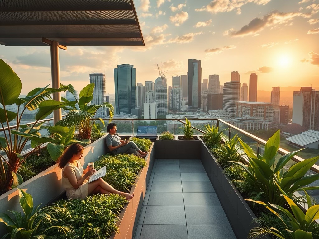 A rooftop garden terrace with lush greenery, featuring a woman reading and sipping coffee, and a man working on a laptop, overlooking a city skyline at sunset.