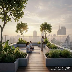 A serene rooftop garden overlooking a city skyline, featuring three people practicing meditation on mats surrounded by lush greenery and potted plants, under a gentle sunrise.