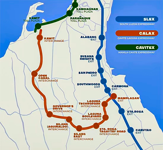 Map showing major expressways and interchanges in Cavite and Laguna, including SLEX, CALAX, and Cavitex, marking routes and access points.