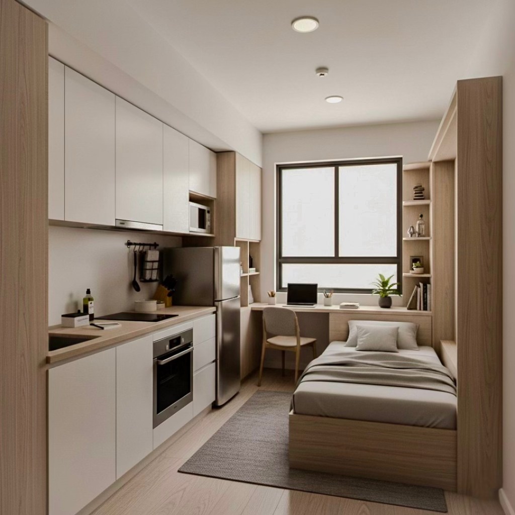 Interior view of a modern studio condo featuring a compact kitchen, a workspace, and a sleeping area, with natural light coming through a large window.