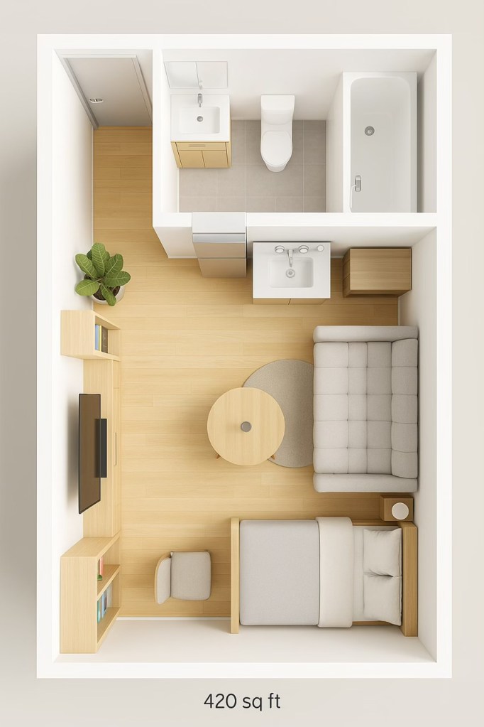 Top-down view of a studio condo layout showcasing a compact design with a living area, kitchenette, bathroom, and sleeping space, highlighting efficient use of 420 square feet.