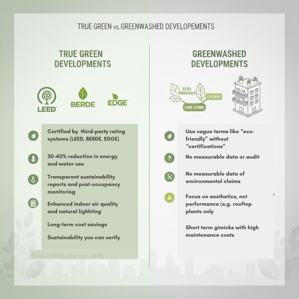 Infographic comparing true green developments and greenwashed developments, detailing certifications, energy efficiency, sustainability reports, indoor air quality, cost savings, and environmental claims.