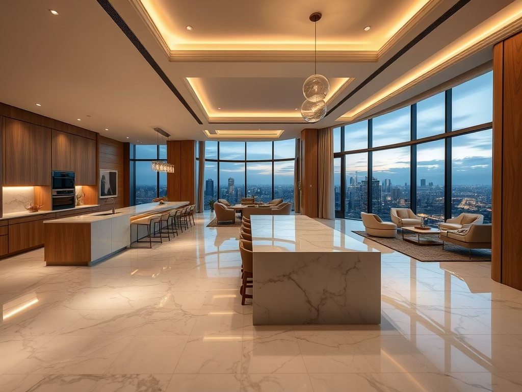 Luxurious interior of a modern high-rise condominium featuring marble floors, wooden accents, spacious layout, and large windows showcasing a city skyline view.