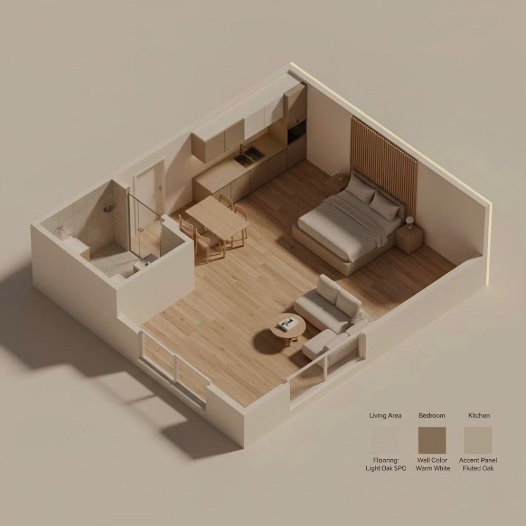 An isometric illustration of a modern condo layout featuring a living area, bedroom, and kitchen. The flooring is light oak SPC, while the walls are painted warm white. The bedroom includes a bed and an accent panel made of fluted oak.