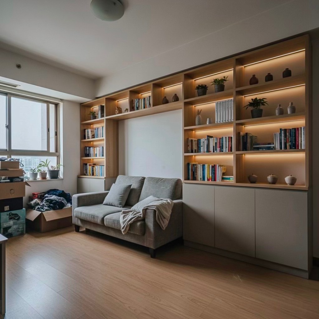 Cozy living room with a gray sofa, a bookshelf filled with books and decorative items, and a window providing natural light.