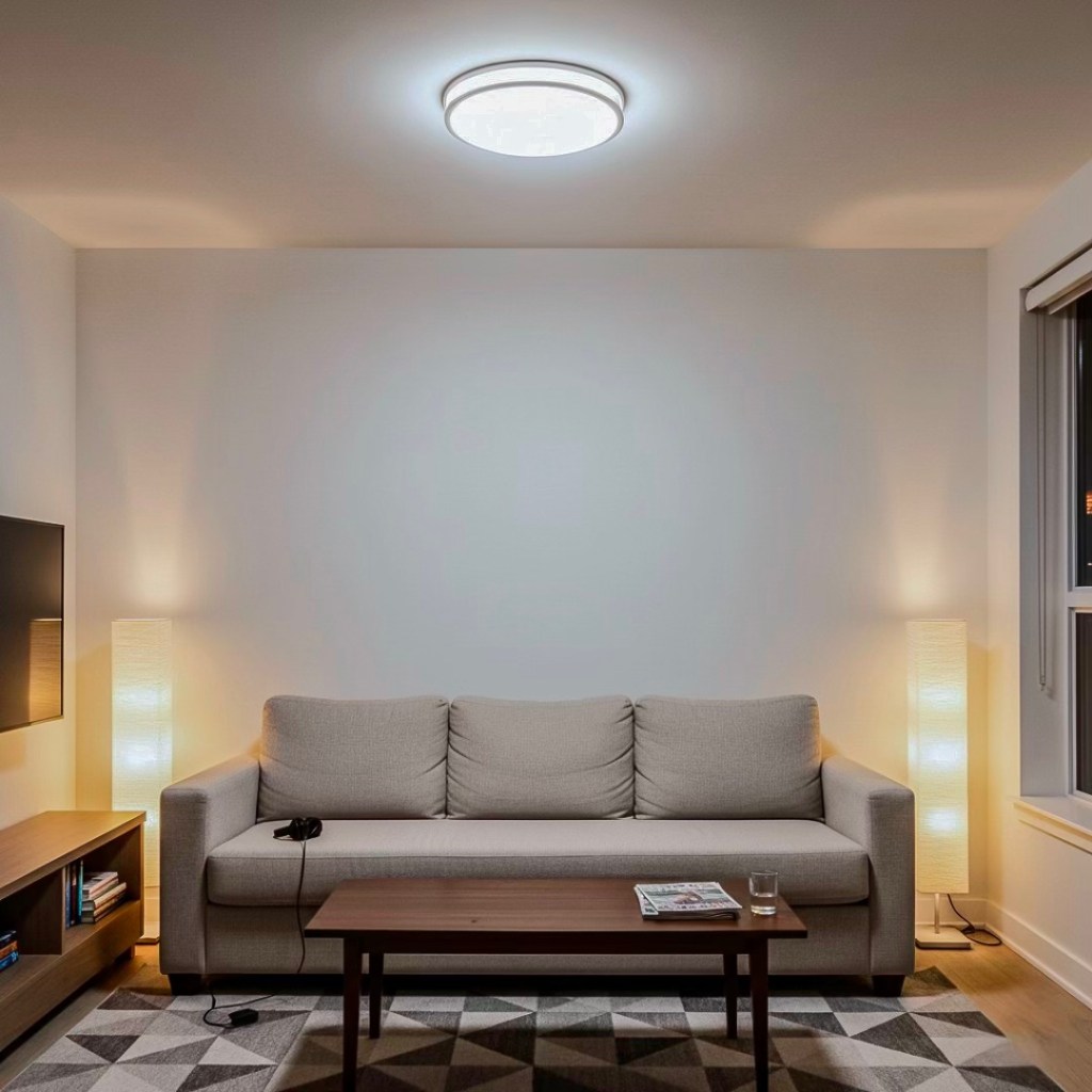 A modern living room with a gray sofa, wooden coffee table, and a flat-screen TV on the wall, featuring soft lighting from floor lamps and a ceiling light.
