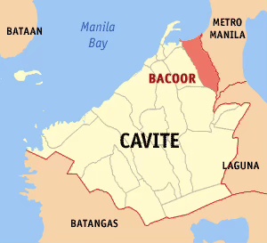 Map highlighting Bacoor's location in Cavite, Philippines, near Manila Bay and Metro Manila.