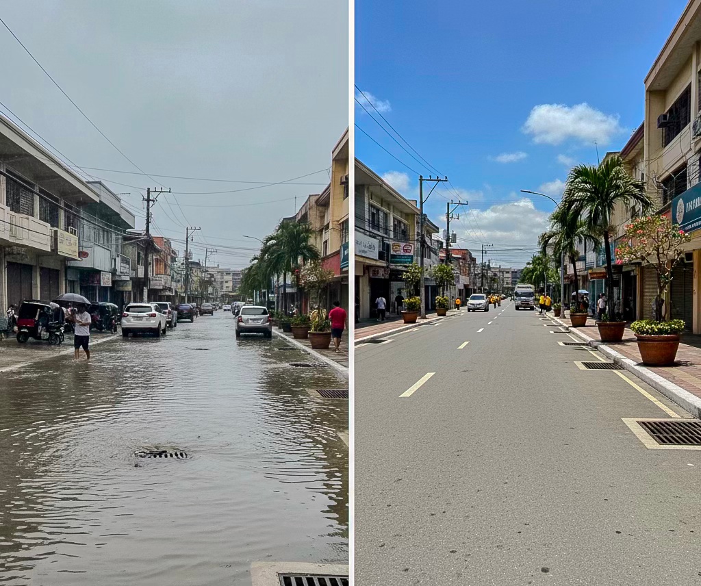 A street scene with floodwaters covering the road on the left, while the right side shows the same street under clear blue skies and no flooding.