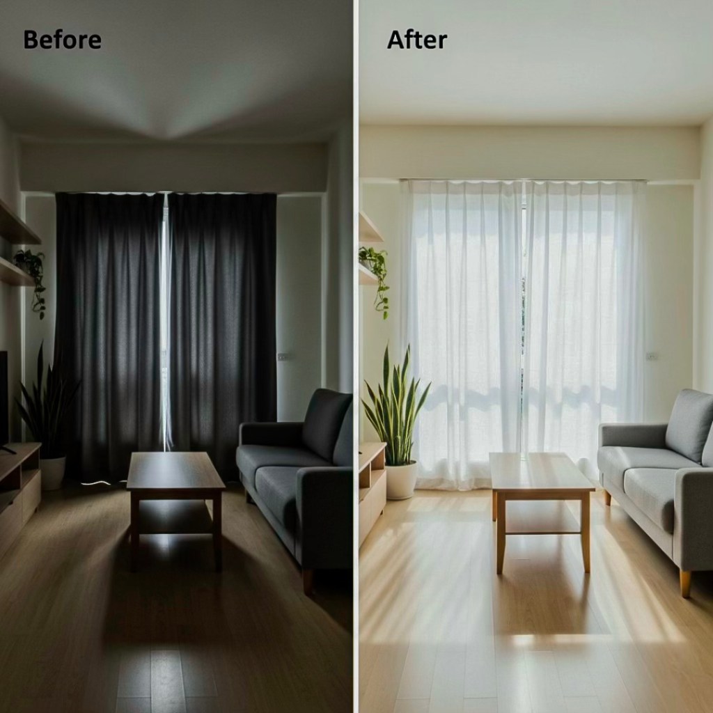 Comparison of a condo living room before and after a lighting upgrade, showcasing dark curtains and bright sheer curtains, highlighting improved natural light and a refreshed atmosphere.