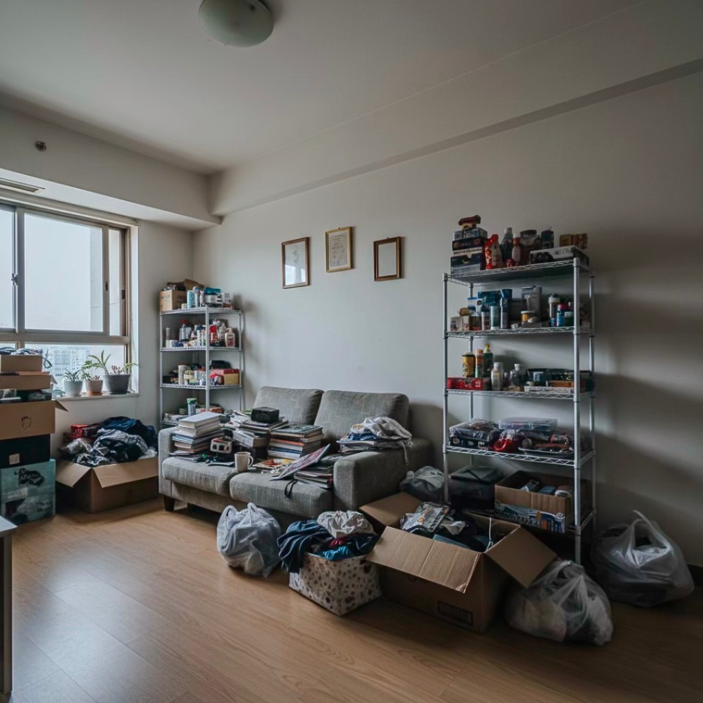 A cluttered living room featuring a sofa piled with books and clothes, surrounded by cardboard boxes and shelves filled with various items.