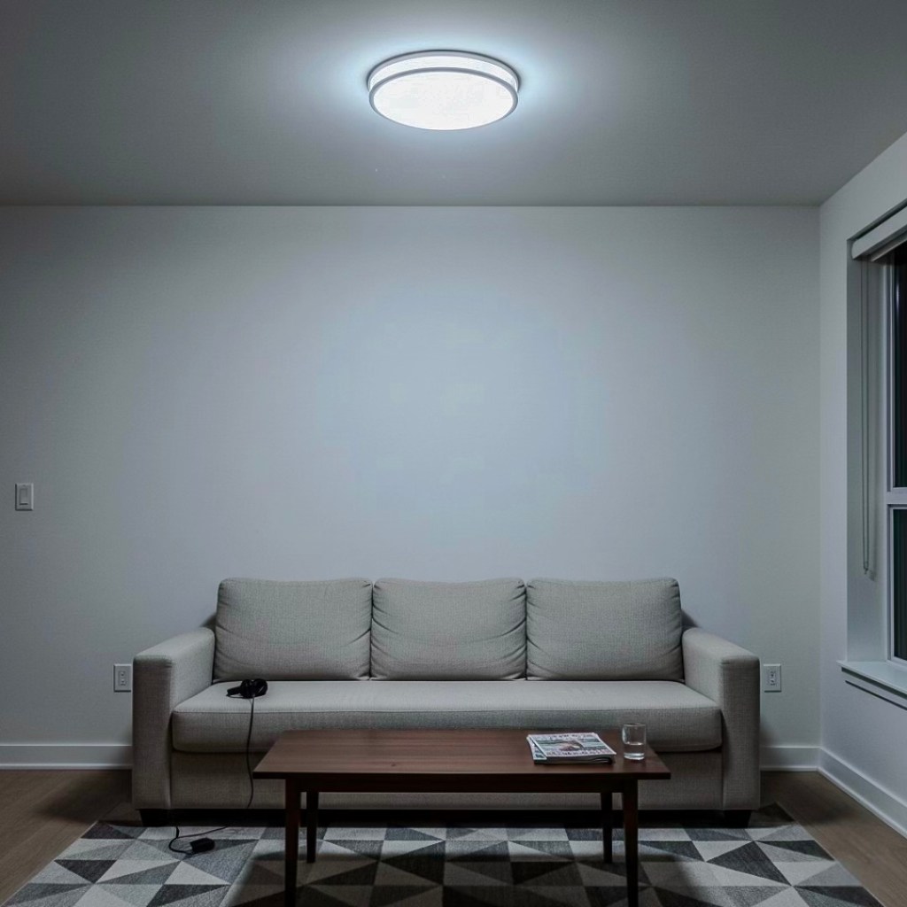 A modern living room featuring a clean, light-colored sofa, a wooden coffee table with a magazine, and a stylish overhead light fixture. The minimalist design highlights an open and inviting space.
