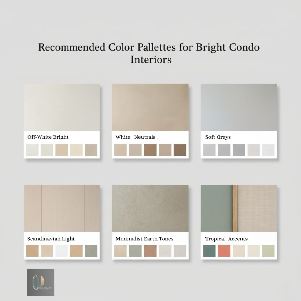 A display of recommended color palettes for bright condo interiors, featuring soft neutral tones like Off-White Bright, White Neutrals, Soft Grays, Scandinavian Light, Minimalist Earth Tones, and Tropical Accents, with corresponding color swatches at the bottom.