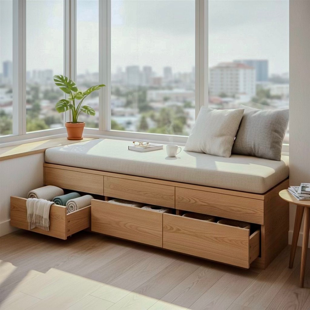 A cozy nook with a light-colored bench, featuring storage drawers underneath, a potted plant, a cup of coffee, and a book on the side, set against a bright window with a city view.