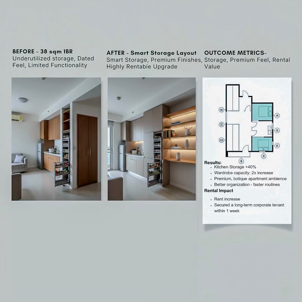 Comparison of a 38 sqm one-bedroom apartment before and after a smart storage upgrade, highlighting underutilized storage versus improved design and organization.