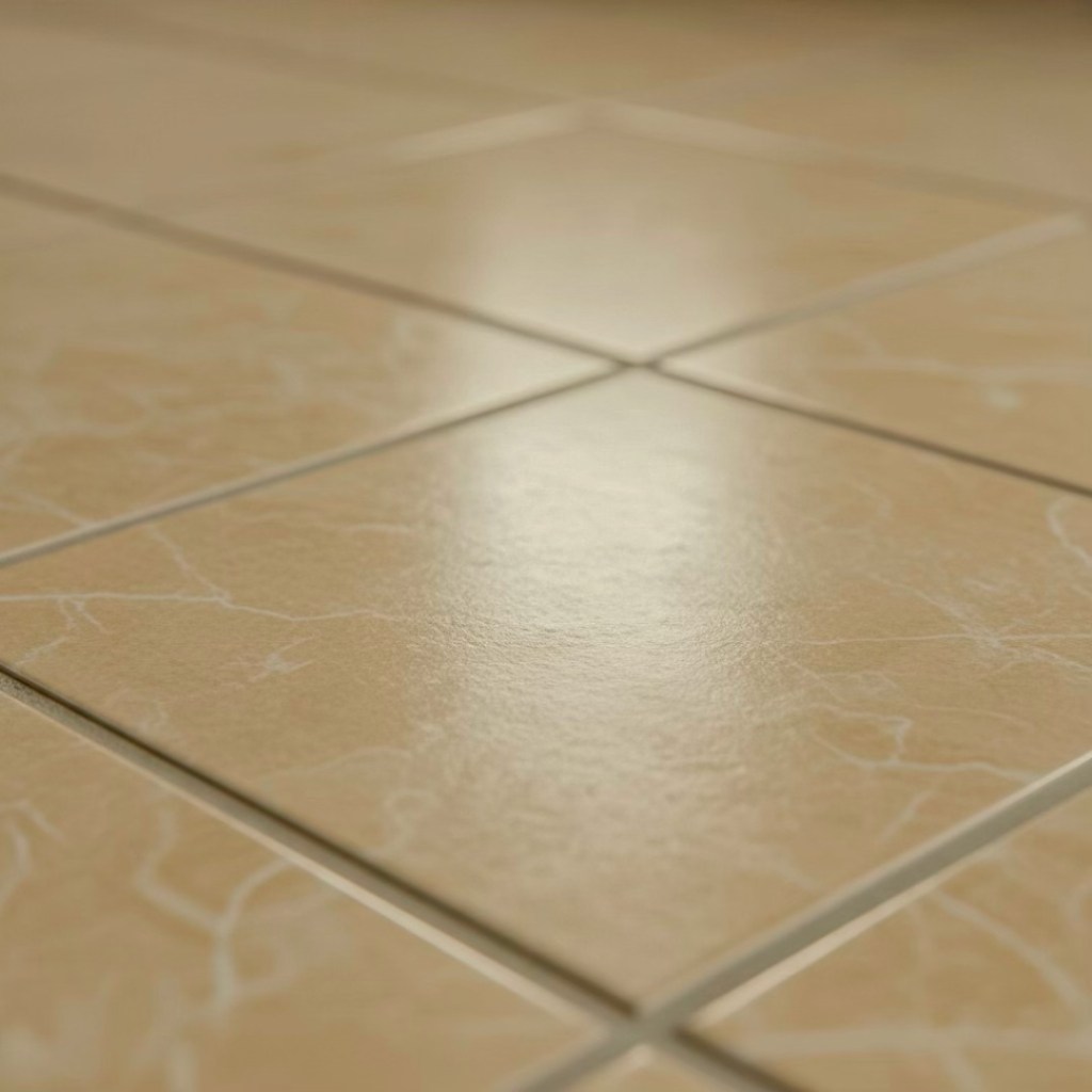 Close-up view of smooth, light-colored ceramic tiles with a subtle marble pattern, reflecting light.