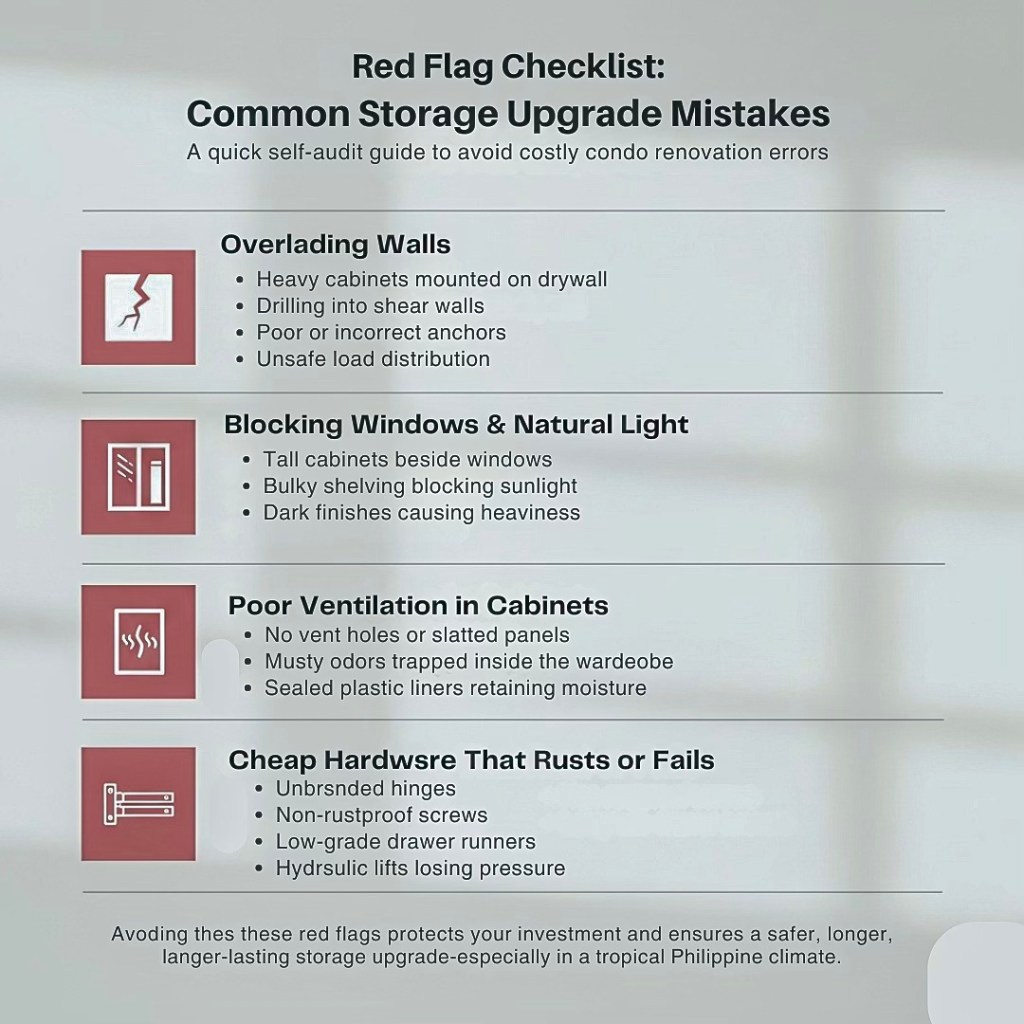 Infographic titled 'Red Flag Checklist: Common Storage Upgrade Mistakes' outlining common pitfalls in condo renovations, including issues like overloading walls, blocking windows, poor ventilation in cabinets, and using cheap hardware.