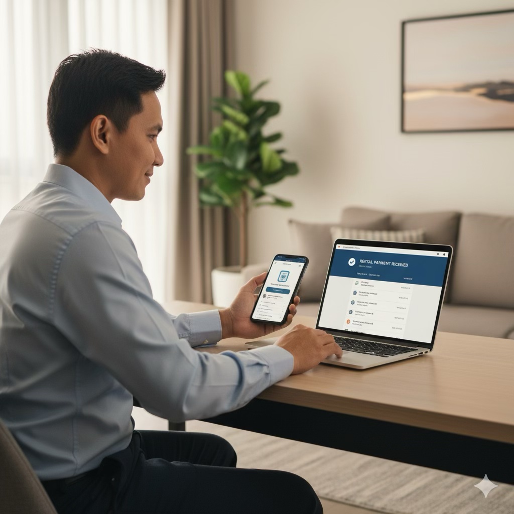 A man in a blue shirt sitting at a desk using a laptop and holding a smartphone, with a digital payment screen visible on the laptop.