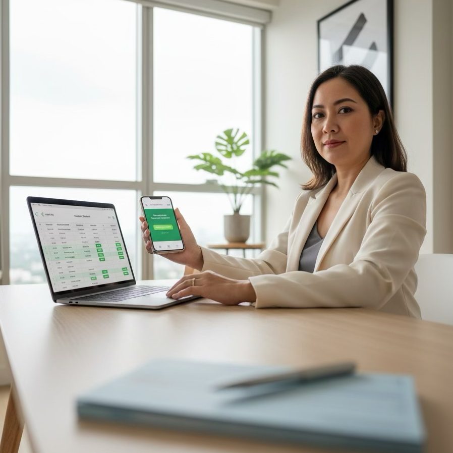 A woman in a light suit is sitting at a desk, holding a smartphone displaying an app. In front of her is a laptop with a financial spreadsheet on the screen. A green plant is visible in the background near a bright window.