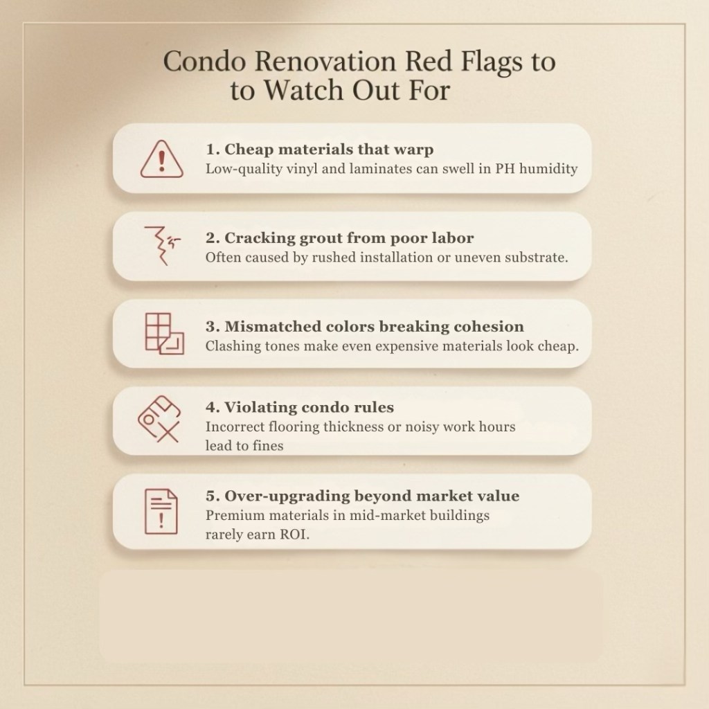 Graphic listing five red flags to watch out for during condo renovations, highlighted with icons.