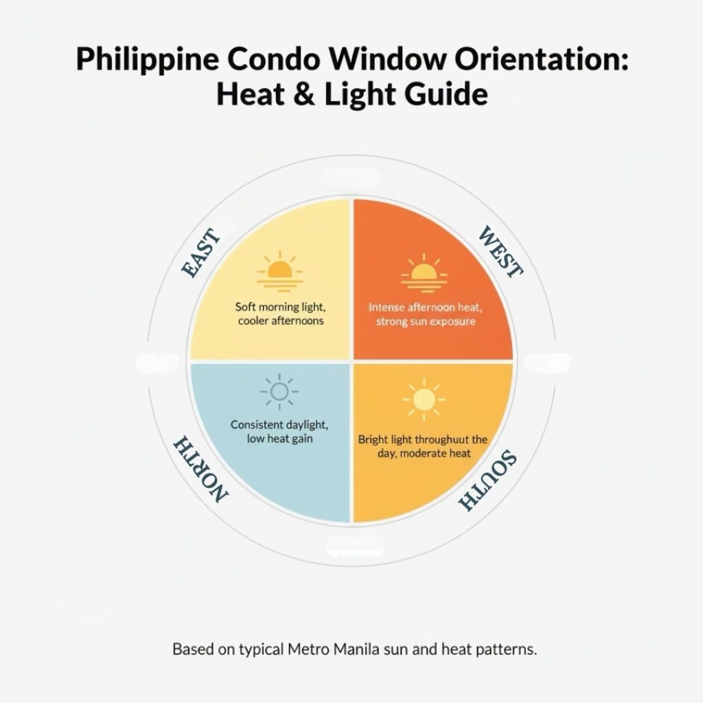 Infographic illustrating the heat and light guide for Philippine condo window orientation, showing directions with associated lighting and heat characteristics.