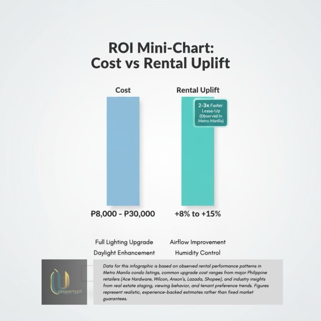 Infographic comparing costs of full lighting upgrades and airflow improvements against rental uplift potential in Metro Manila condos.
