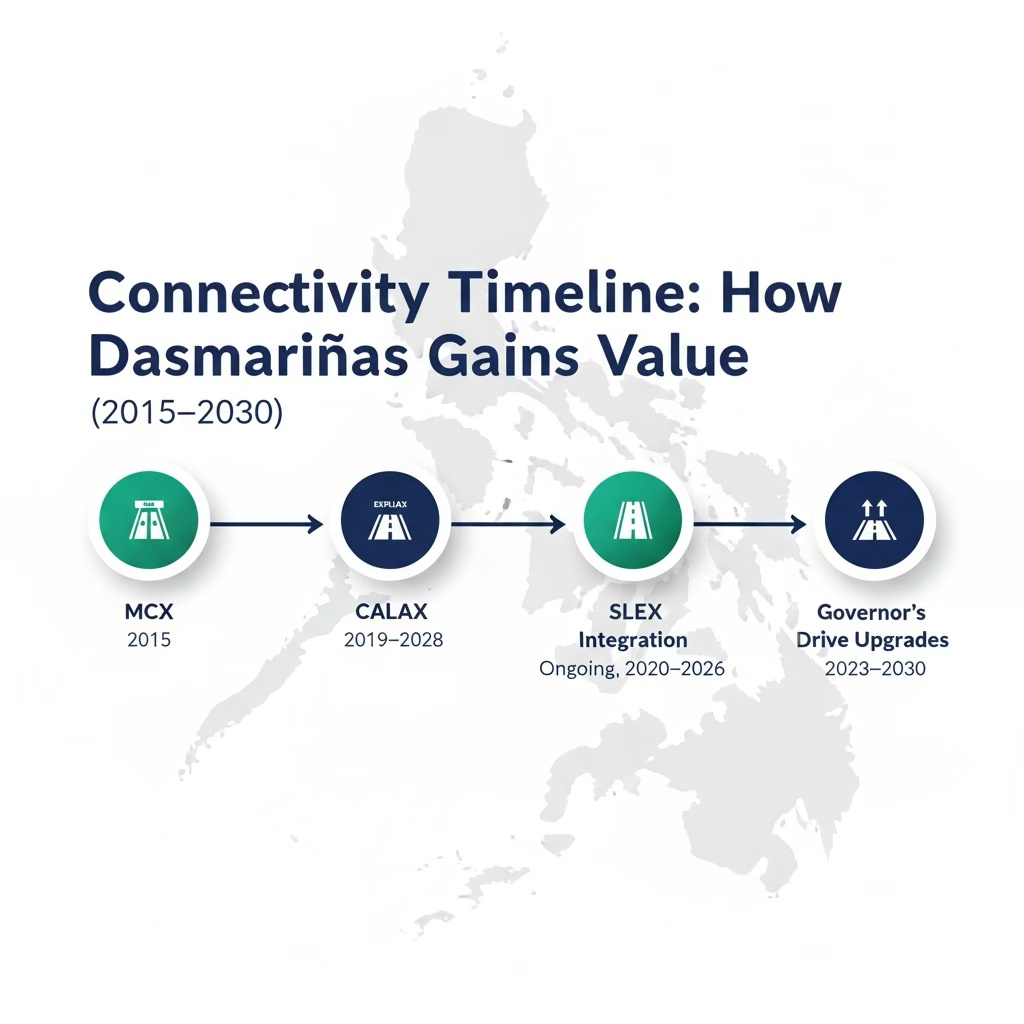 Infographic depicting the connectivity timeline of Dasmariñas from 2015 to 2030, highlighting key infrastructure projects like MCX, CALAX, SLEX integration, and Governor's Drive upgrades.