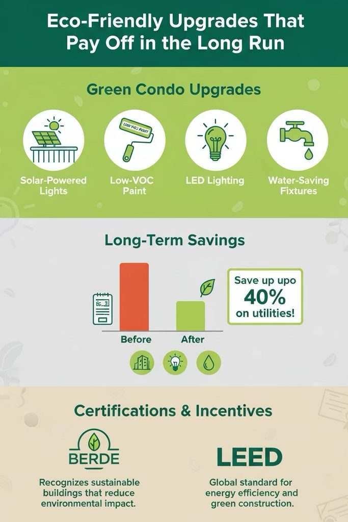 Infographic highlighting eco-friendly upgrades for condos, including solar-powered lights, low-VOC paint, LED lighting, and water-saving fixtures, with a section on long-term savings from these upgrades.
