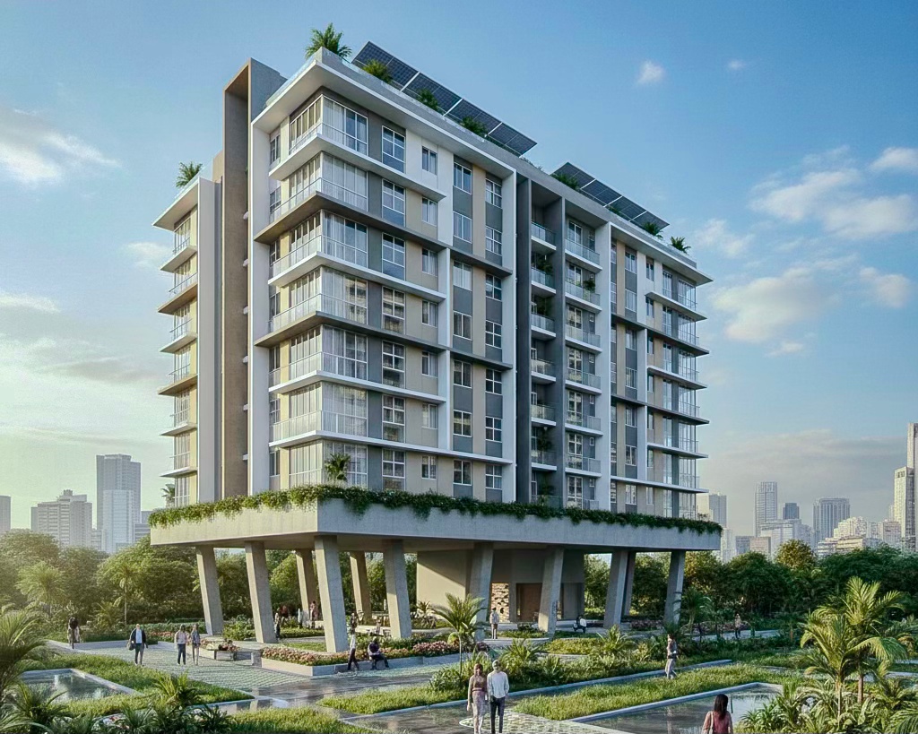 A modern residential building elevated on pillars, showcasing a contemporary design with balconies and greenery, set against a city skyline.