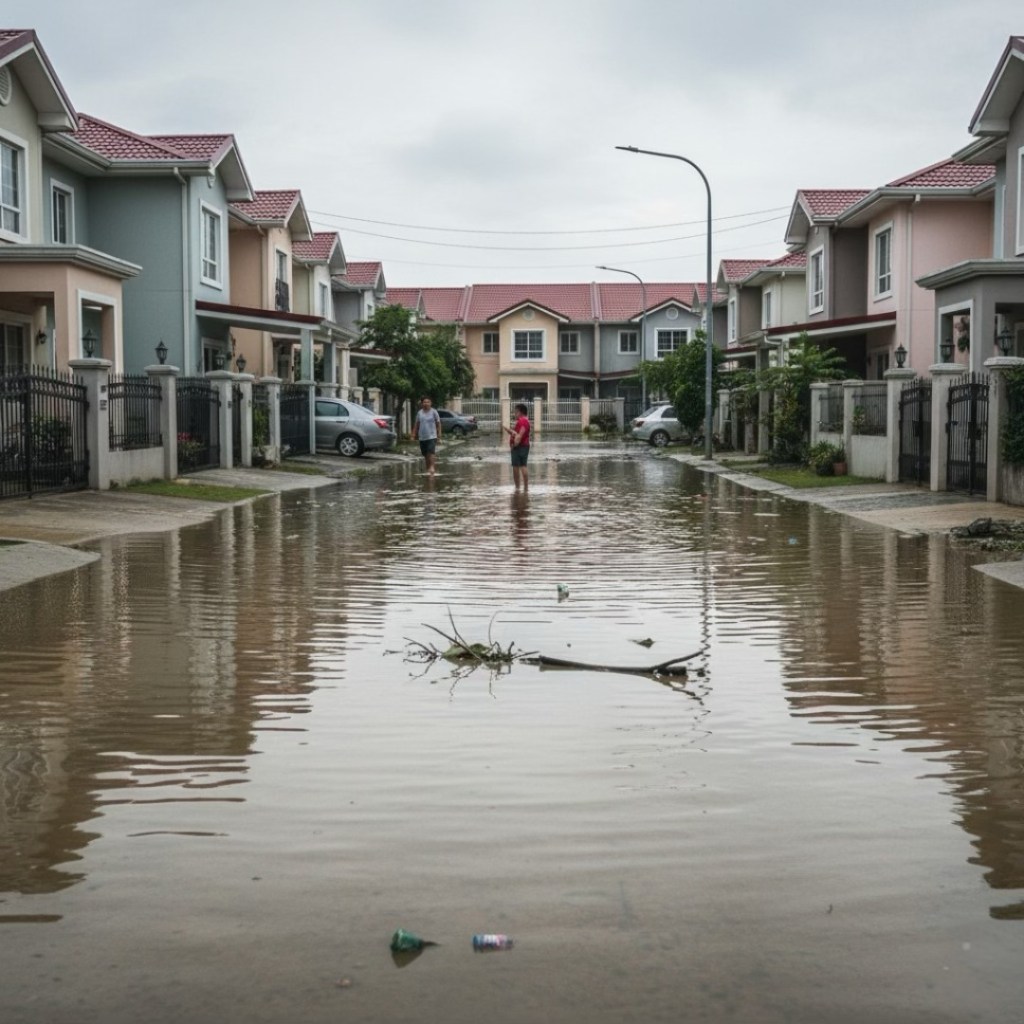 A flooded street in a residential neighborhood with two people wading through the water, surrounded by houses and parked cars.