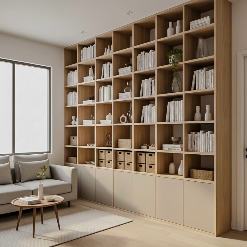 A modern living room featuring a large floor-to-ceiling shelving unit made of light wood, filled with books, decorative items, and storage boxes, alongside a gray sofa and a round coffee table.
