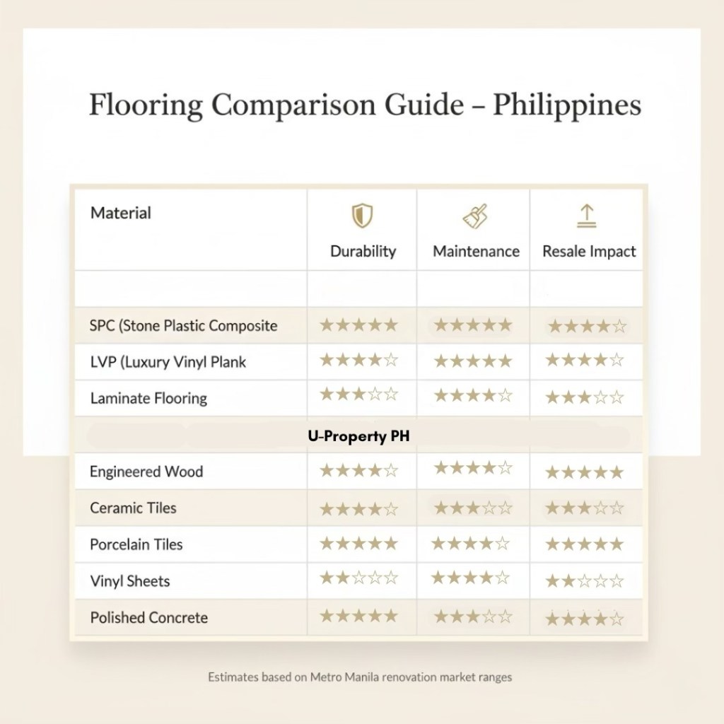 A comparison table showing various flooring materials suitable for condos in the Philippines, detailing their durability, maintenance requirements, and resale impact, along with a branding mark for U-Property PH.