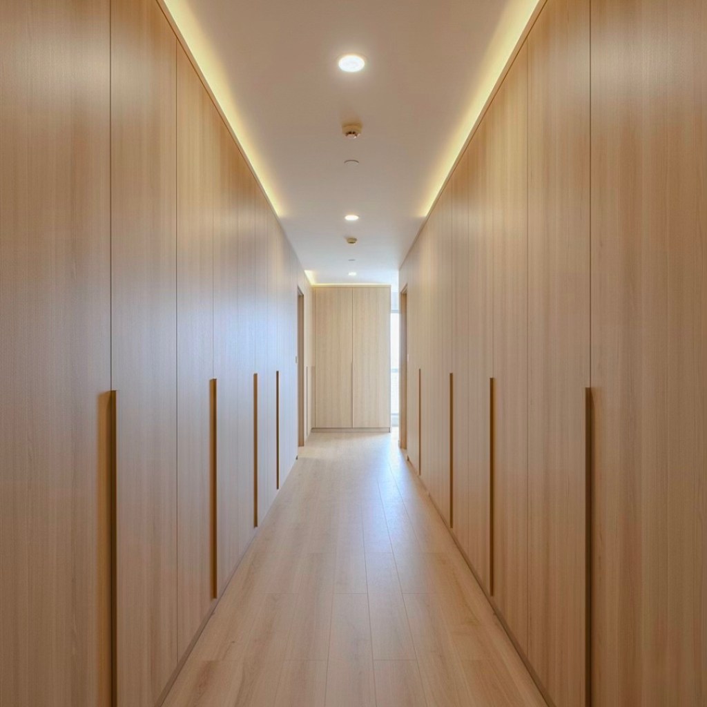 A modern corridor with wooden paneling and minimalist design, featuring smooth walls and recessed lighting.