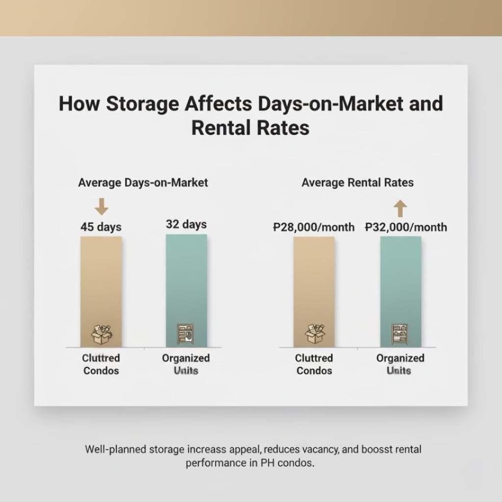 Infographic illustrating the impact of storage organization on rental properties, showing average days-on-market for cluttered versus organized condos, and corresponding average rental rates.