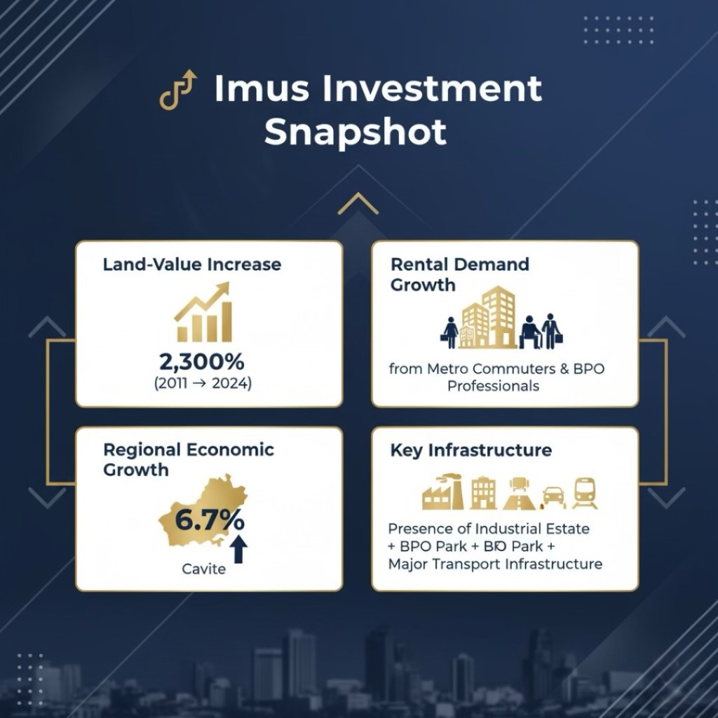Infographic summarizing the investment potential in Imus City, highlighting a 2,300% land-value increase from 2011 to 2024, growing rental demand from commuters and BPO professionals, a regional economic growth rate of 6.7%, and key infrastructure developments.