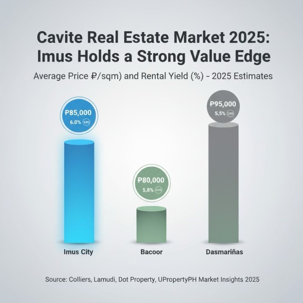 Bar graph comparing average real estate prices and rental yields for Imus City, Bacoor, and Dasmariñas in Cavite for 2025.