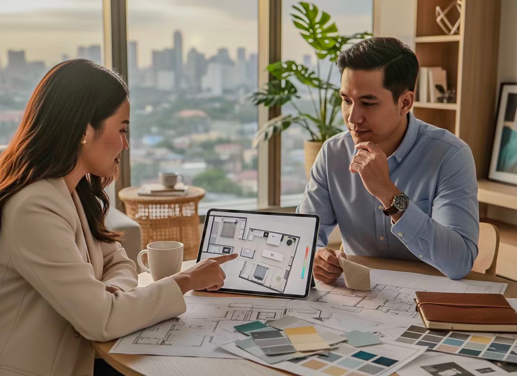 A man and a woman discussing renovation plans for a condominium while looking at a tablet displaying a floor plan. The setting showcases a modern office with a view of a city skyline in the background.