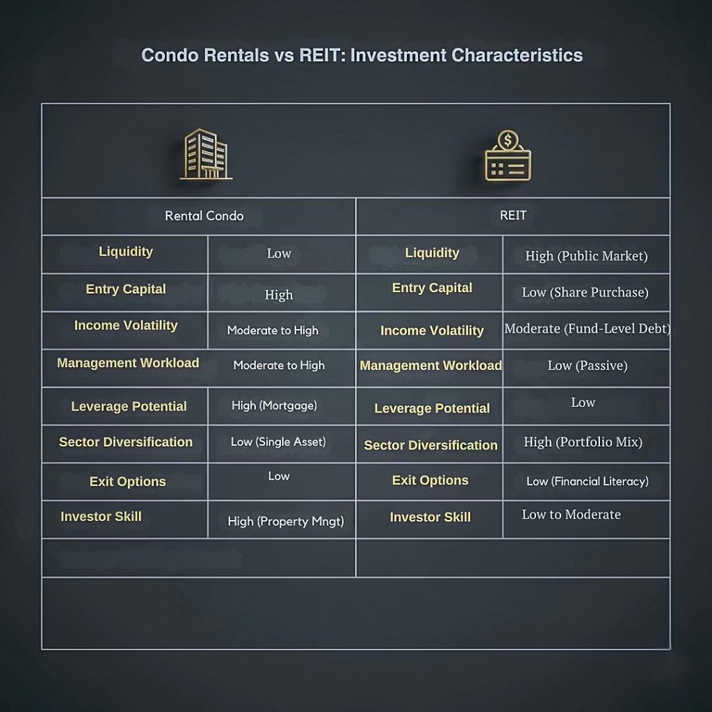 Comparison table highlighting the investment characteristics of Rental Condos vs REITs, including aspects like liquidity, entry capital, income volatility, management workload, leverage potential, sector diversification, exit options, and investor skill.