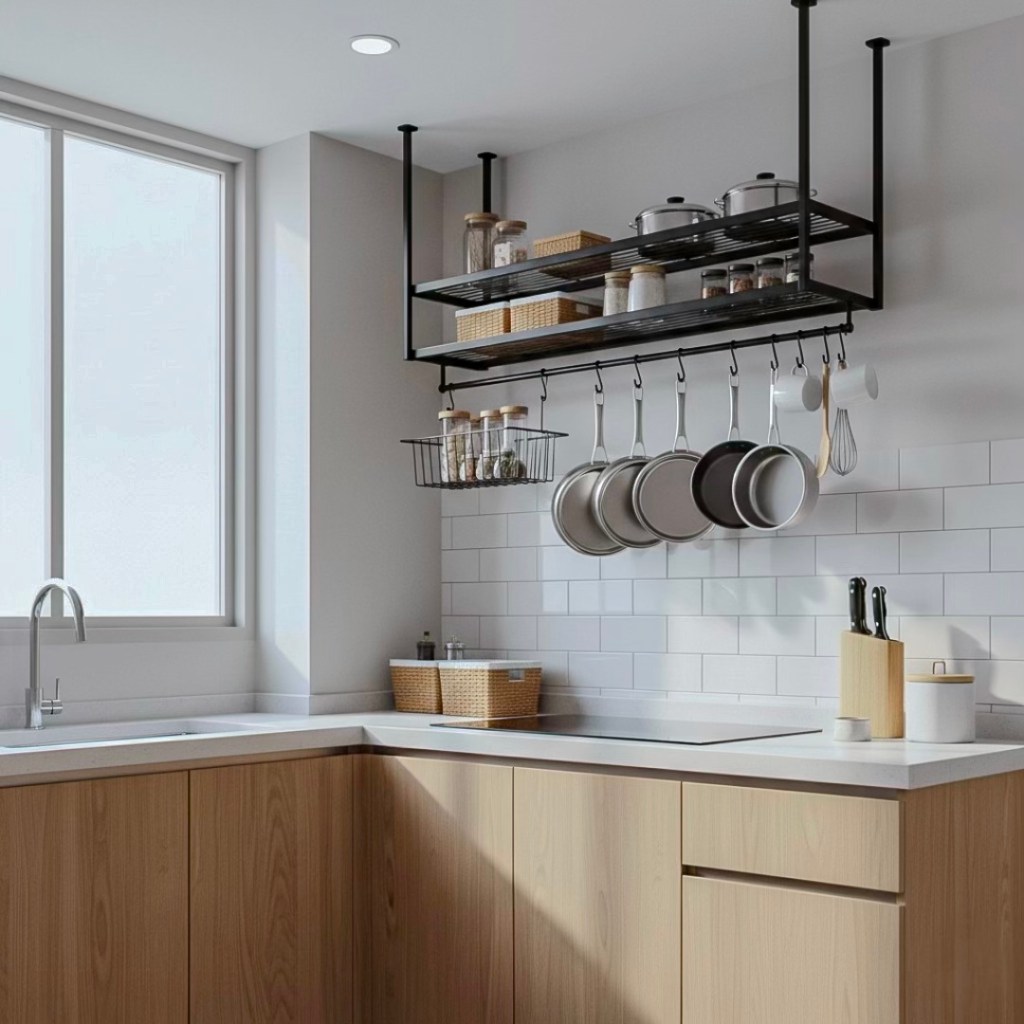 A modern kitchen with wooden cabinets, a light countertop, and an overhead rack displaying pots, pans, and storage jars. Natural light enters through a large window.