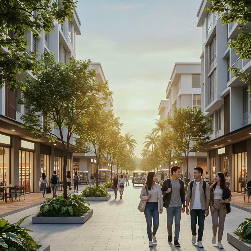 A lively streetscape in Dasmariñas featuring pedestrians walking along a tree-lined avenue with shops and cafes, beautifully illuminated by sunset.