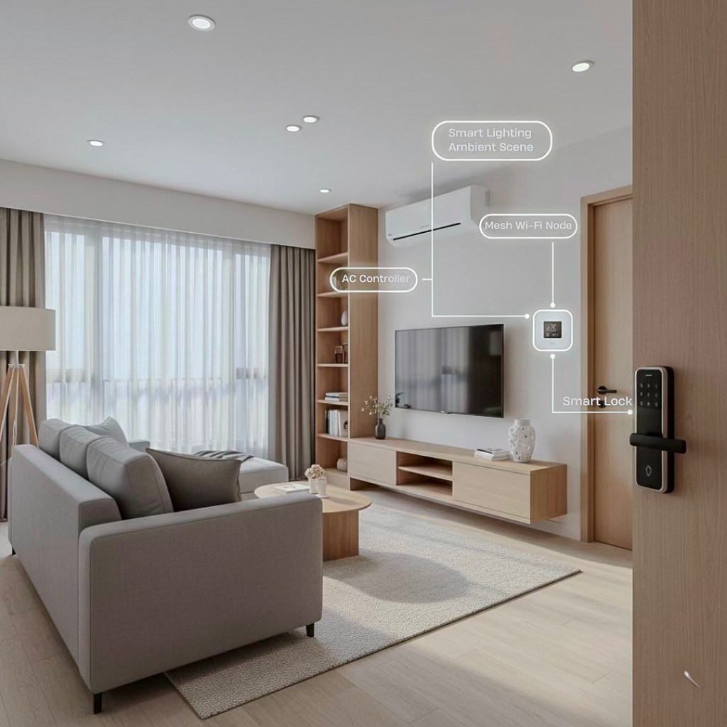 A modern living room in a Philippine condo showcasing smart home upgrades including a smart lock at the entrance, an AC controller mounted on the wall, and a mesh Wi-Fi node visible near the television. The room features ambient smart lighting.